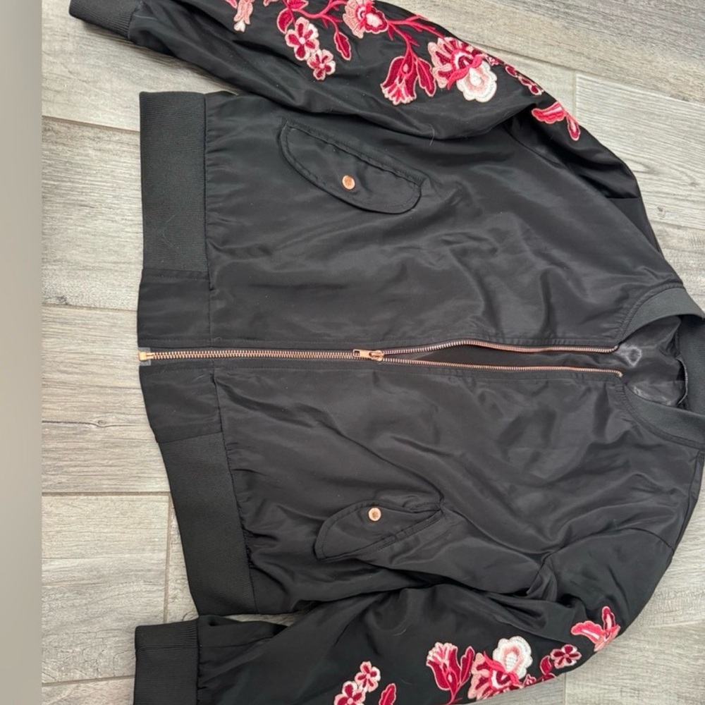 MINKPINK Black Bomber Jacket with Pink & Red Floral Embroidery